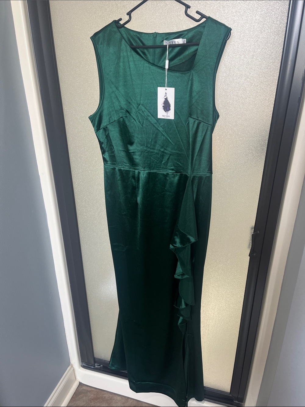 Vici Deep Green Satin Maxi Dress with Ruffle Detail
